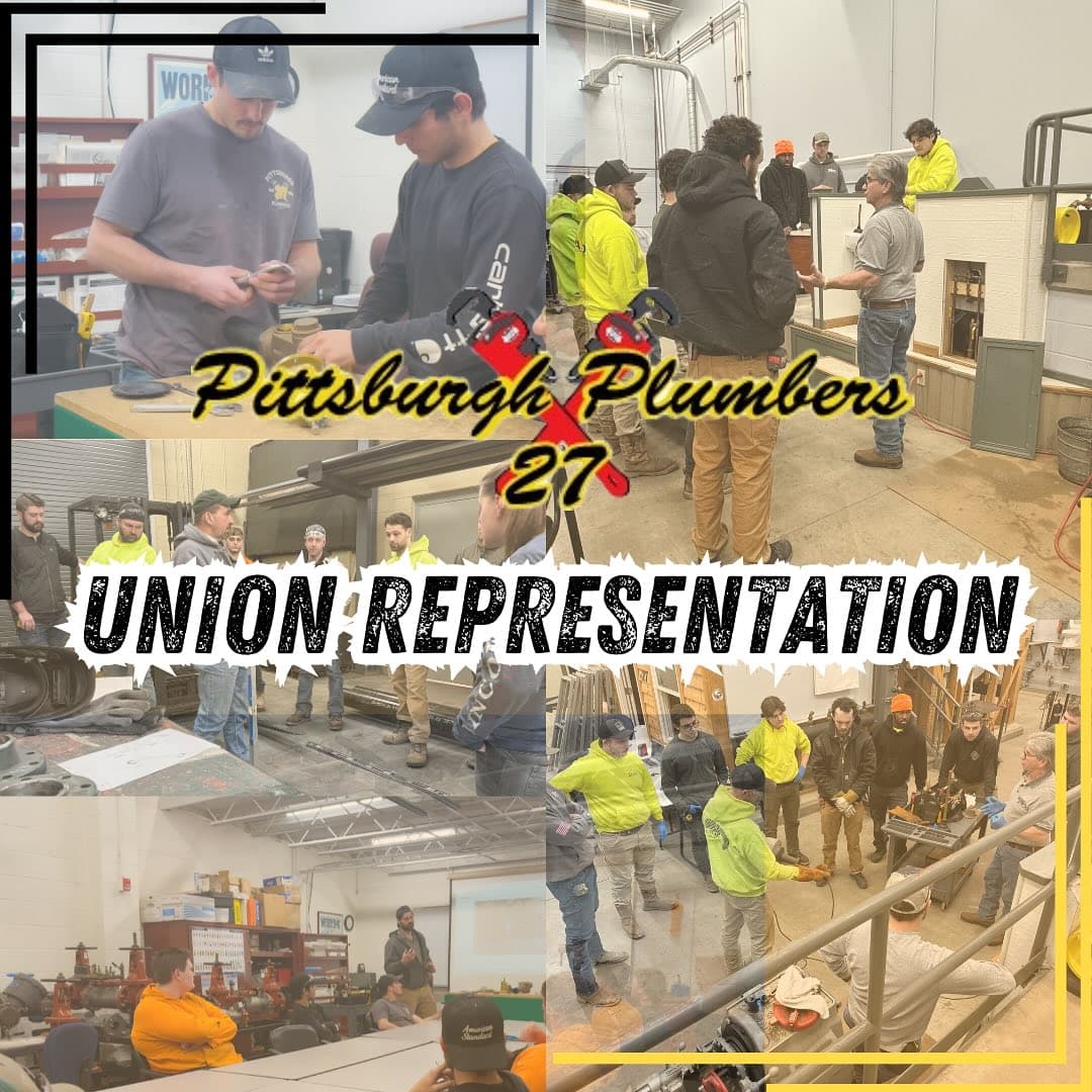 Collage of UA Local 27 apprentices in welding, fitting, and classroom training.